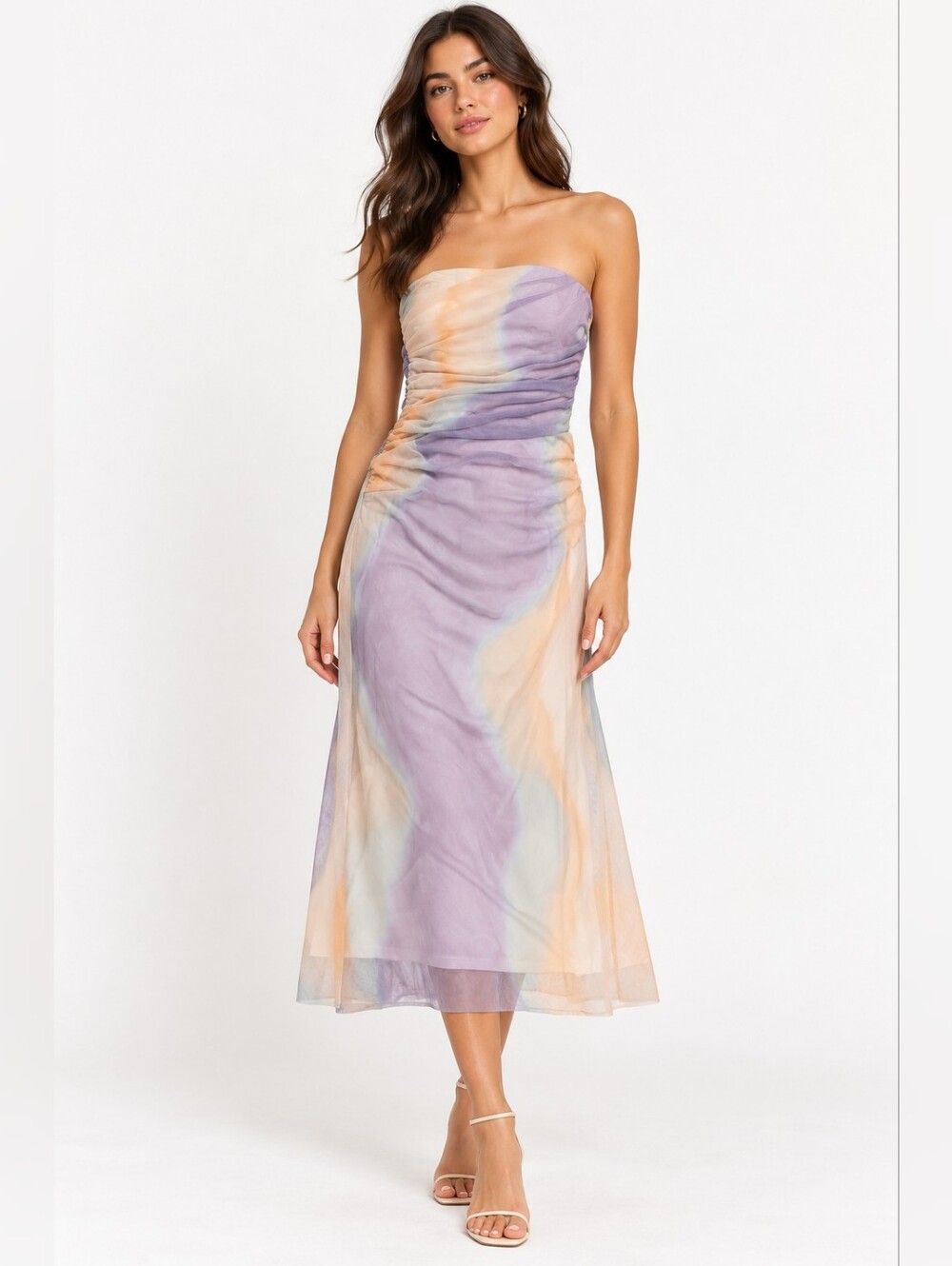 Zara Women’s Size M Strapless Ruched Mesh Midi Dress Pastel Multicolor